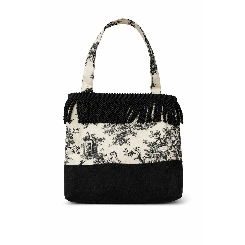 Canvas Tote Bag Black White Pastoral Print Fringe Trim Handbag